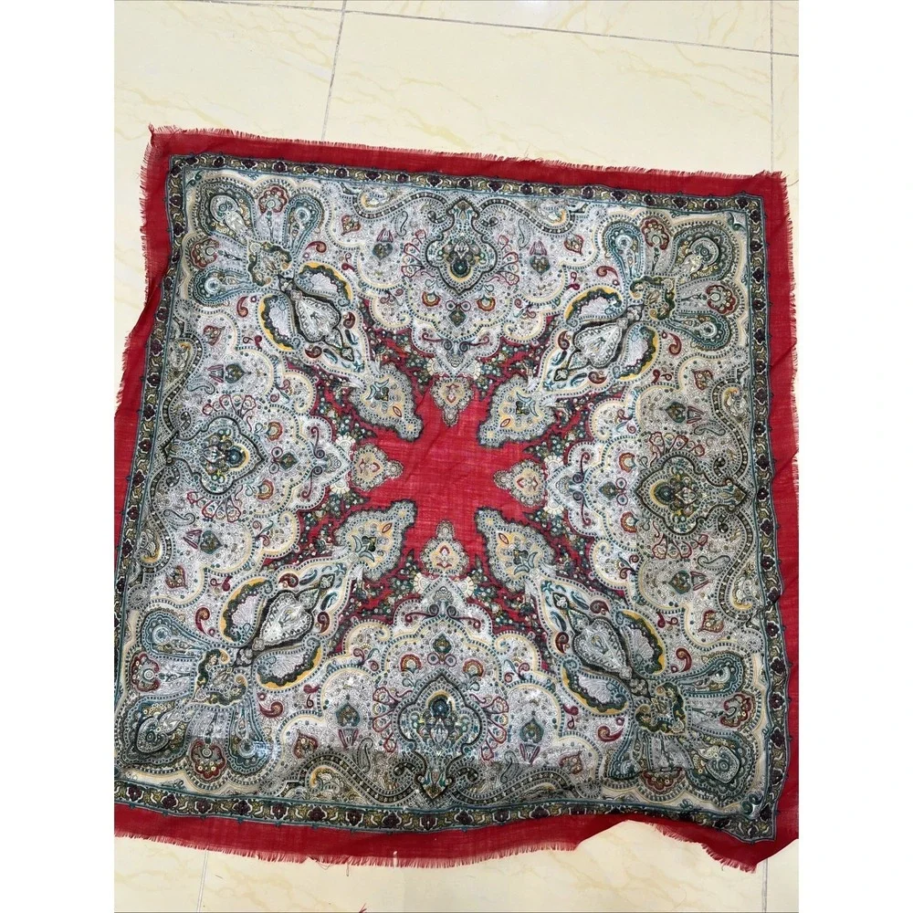 Vintage 100% Wool Paisley Scarf Red Multi Color Square Made in Japan Fringed